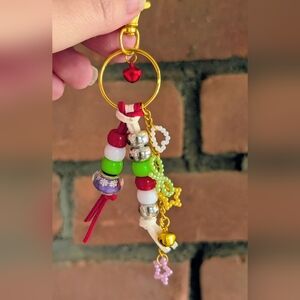 Colorful Beaded Christmas Keychain with Gold Accents